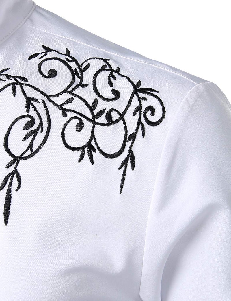 ZEROYAA Mens Western Design Floral Embroidery Slim Fit Long Sleeve Banded Collar Dress Shirts ZLCL19 White Medium - Image 4